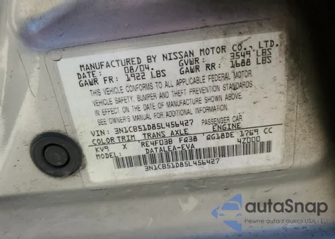 2005 Nissan Sentra 1.8 z USA, uszkodzony, nr VIN 3N1CB51D85L456427
